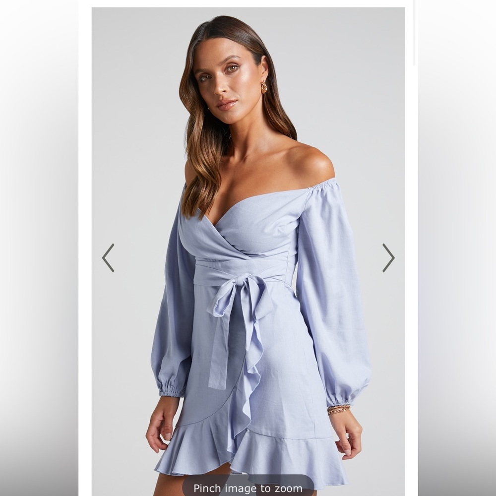 Showpo. CANT MOVE ON OFF SHOULDER MINI DRESS IN POWDER BLUE LINEN LOOK